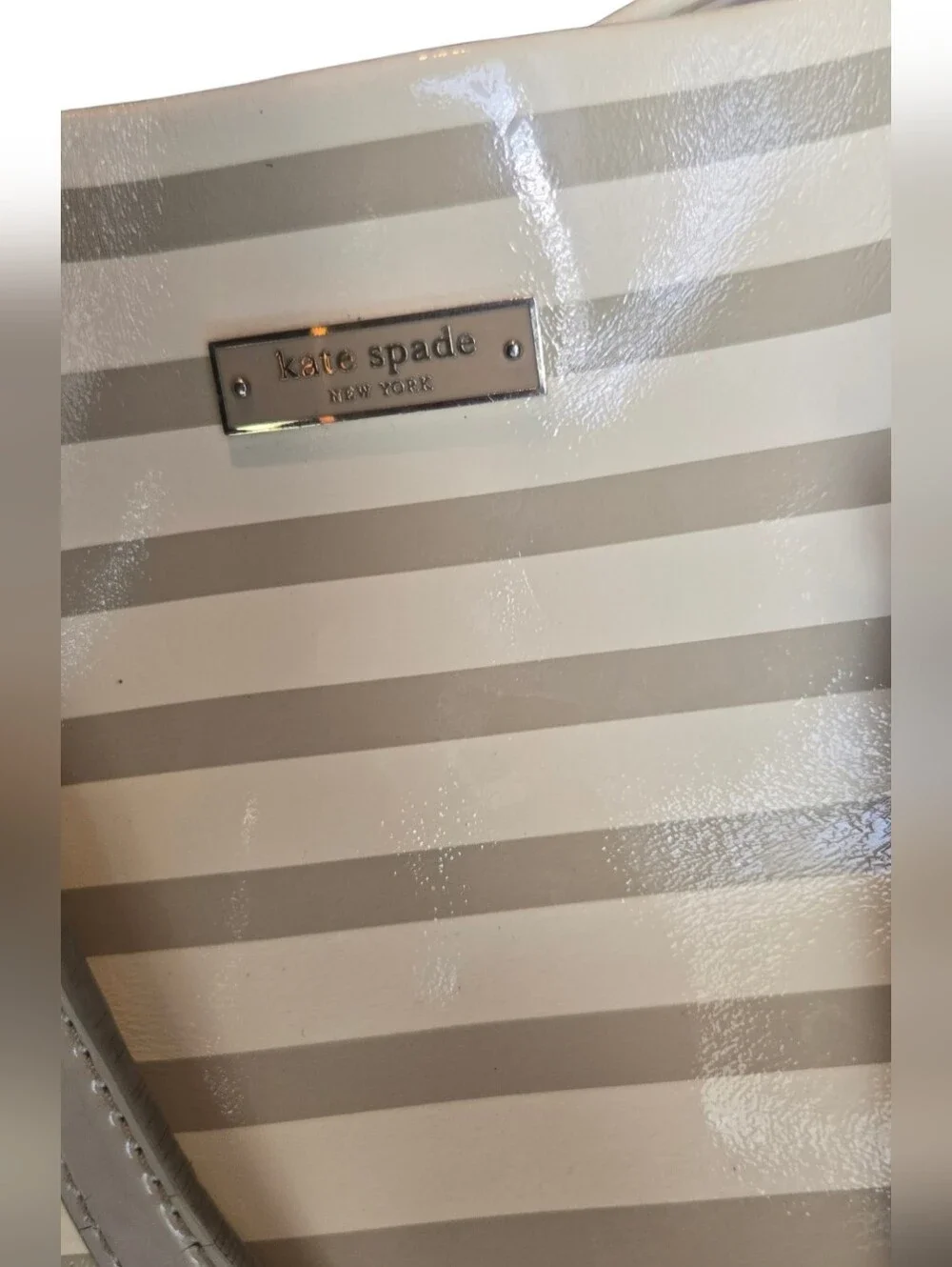 ​Kate Spade Striped Patent Leather Tote Chain Shoulder Bag Cream Beige